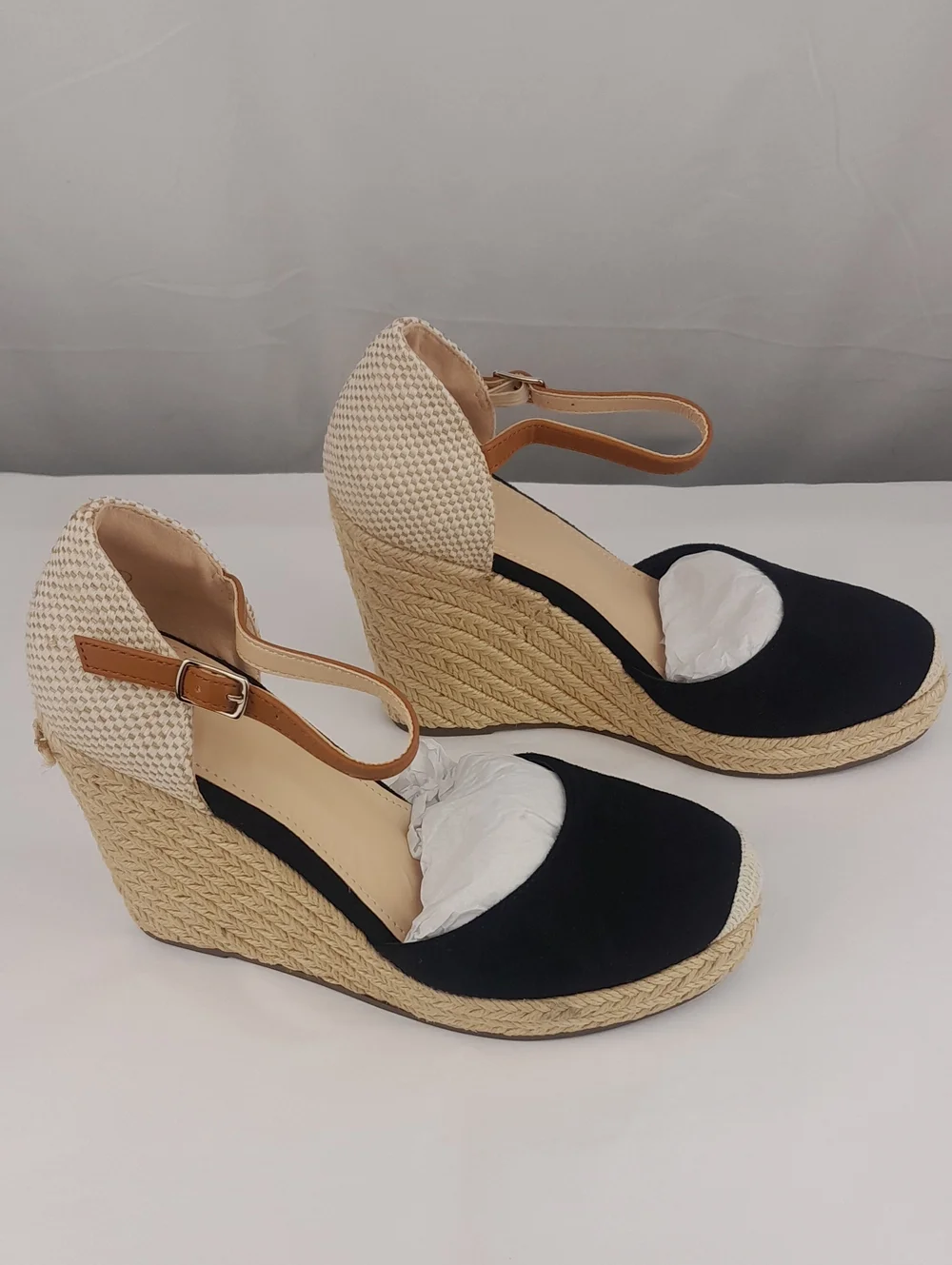 Fisace Espadrille Black Tan Closed Toe Strap Wedge Heels